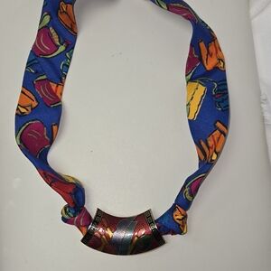 GAP Blue Multicolor Silk-Style Scarf Necklace with Enamel Accent